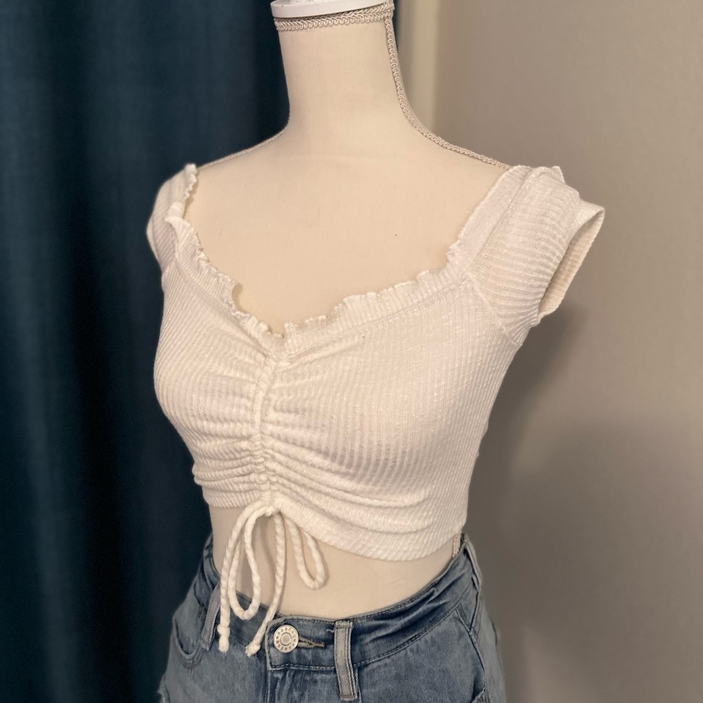 White Crop Top w/ Ruching and Drawstring Size Small - Picture 4 of 6